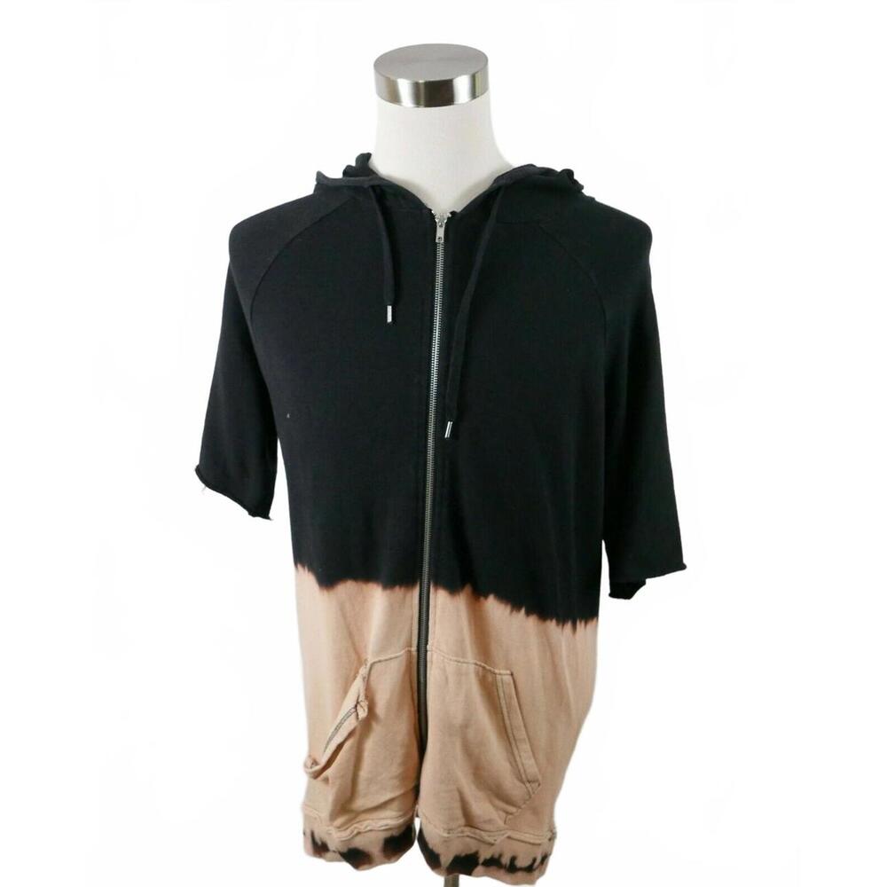 Hot Topic Mens Cotton SS Full Zip Black Beige Tie Dye Hoodie Sweater Size S/M